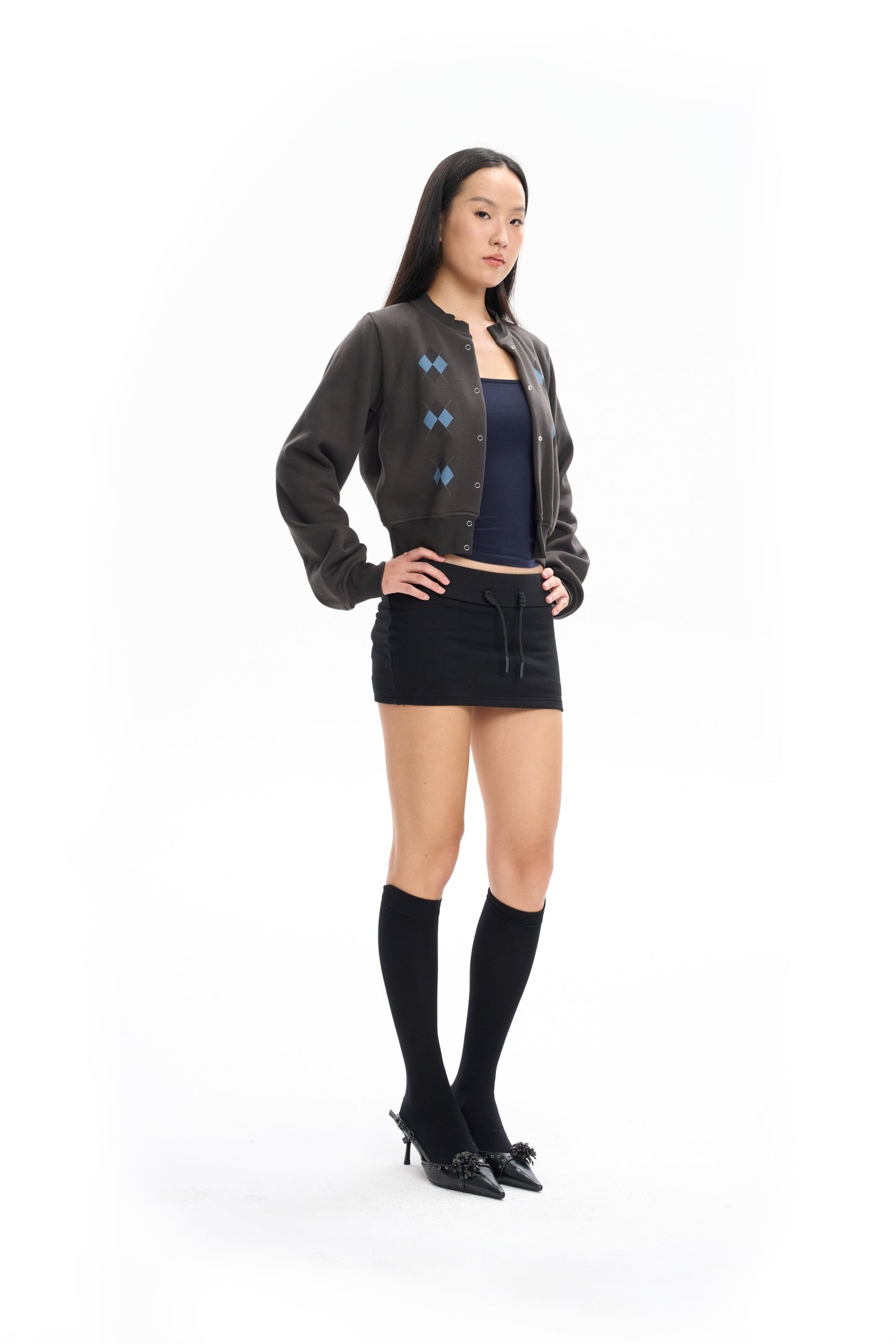 Cropped Argyle Fleece Cardigan