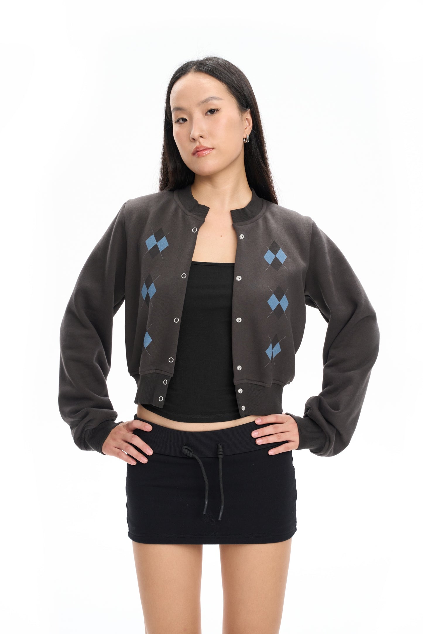 Cropped Argyle Fleece Cardigan