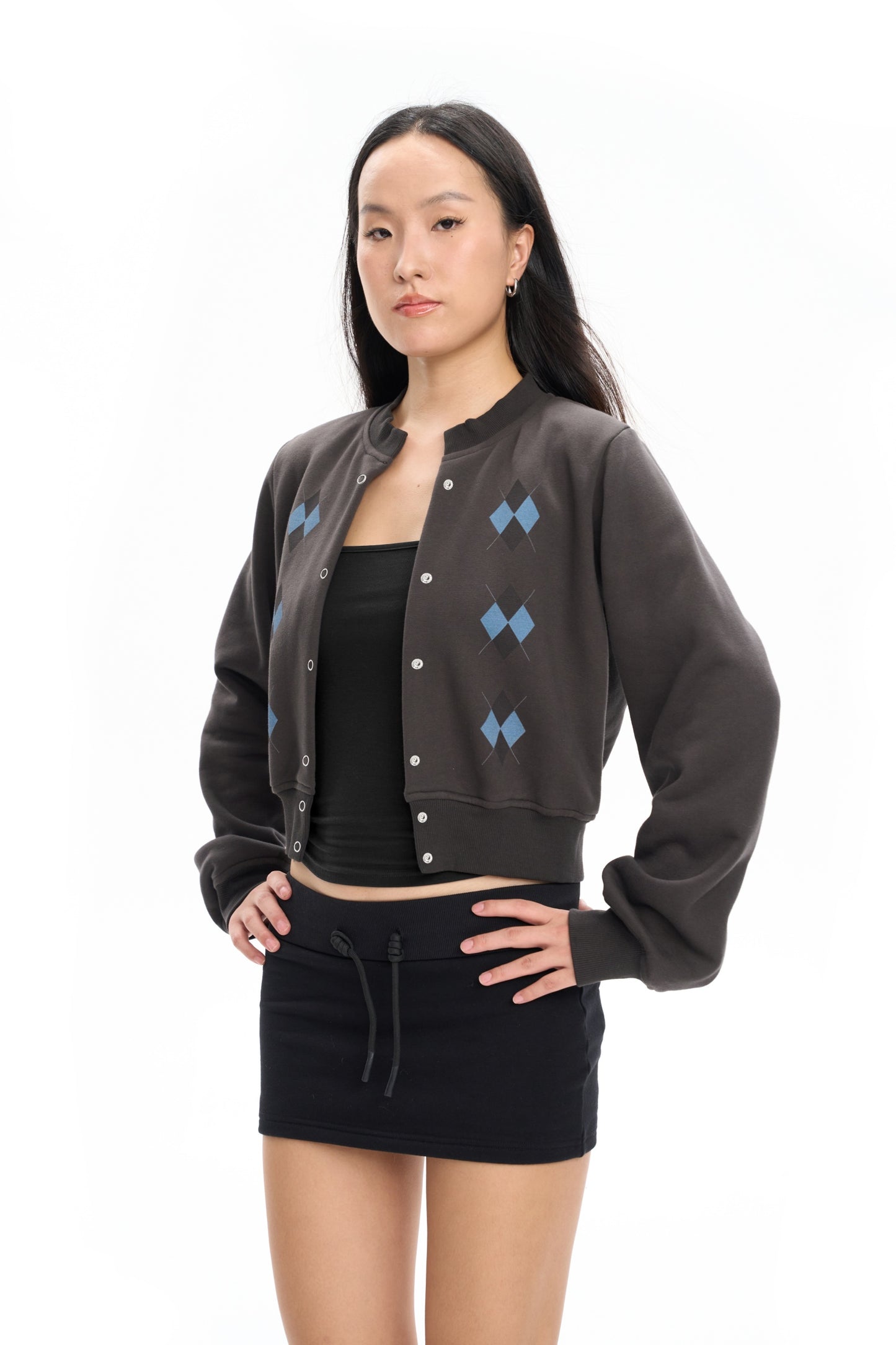 Cropped Argyle Fleece Cardigan