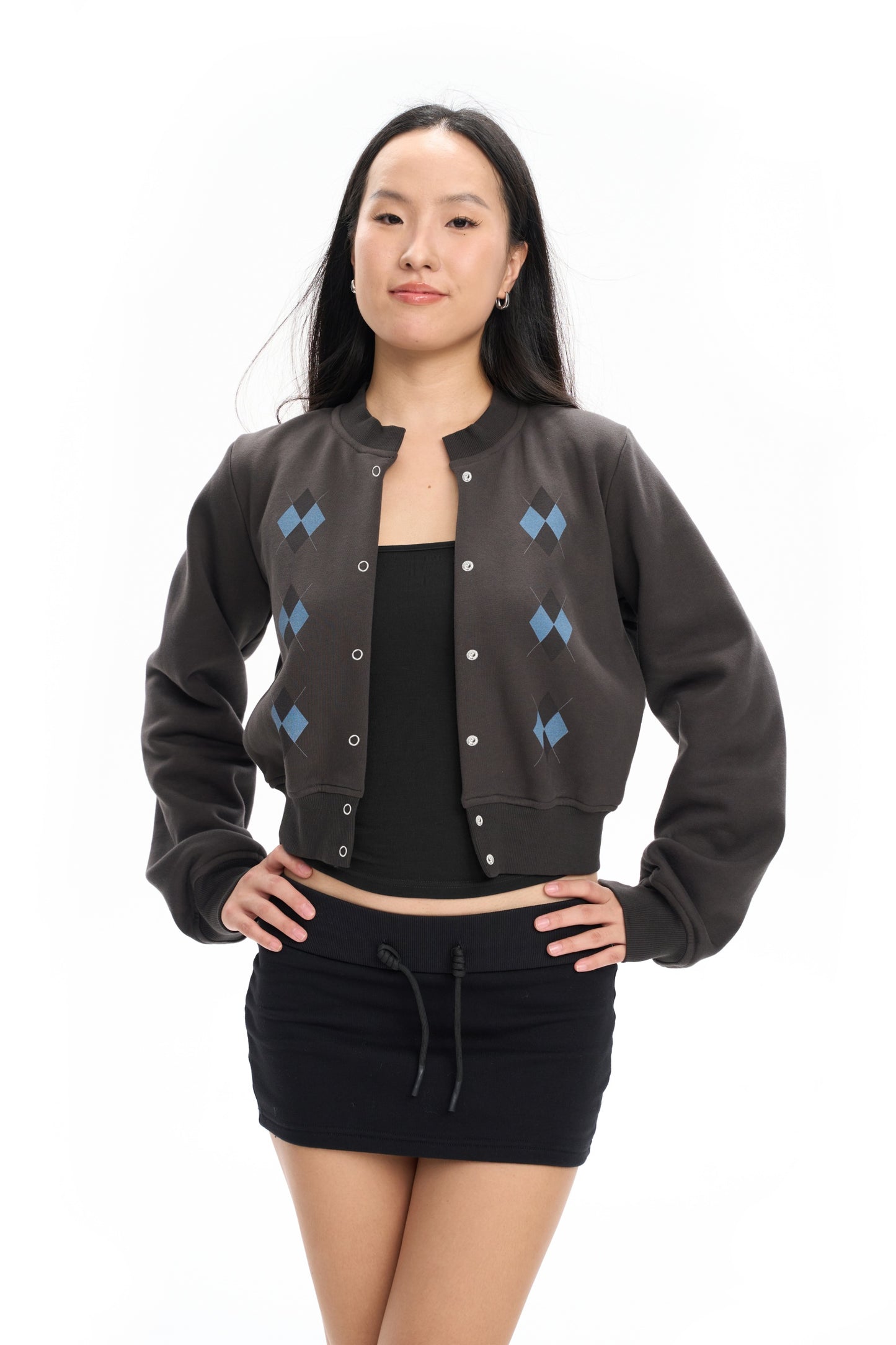 Cropped Argyle Fleece Cardigan