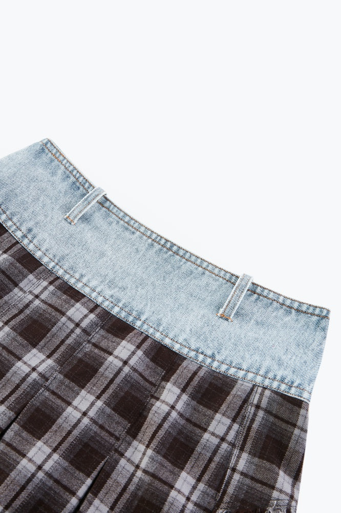Plaid Panel Denim Midi Skirt