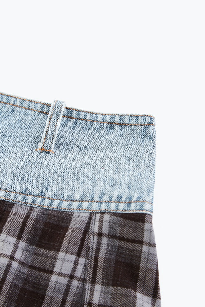 Plaid Panel Denim Midi Skirt