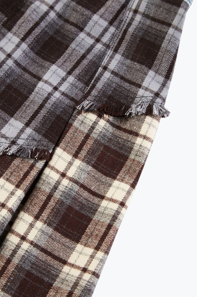 Plaid Panel Denim Midi Skirt