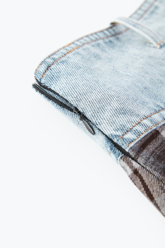 Plaid Panel Denim Midi Skirt