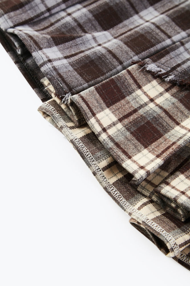 Plaid Panel Denim Midi Skirt