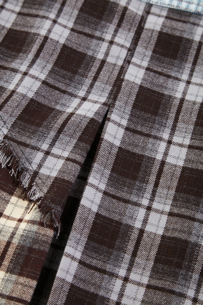 Plaid Panel Denim Midi Skirt