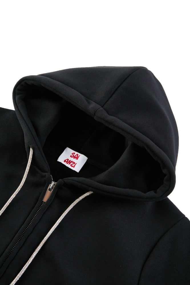 Cropped Hoodie with Rhinestone Drawstrings