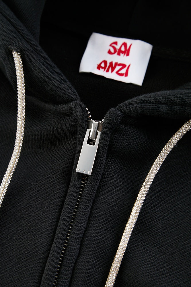 Cropped Hoodie with Rhinestone Drawstrings