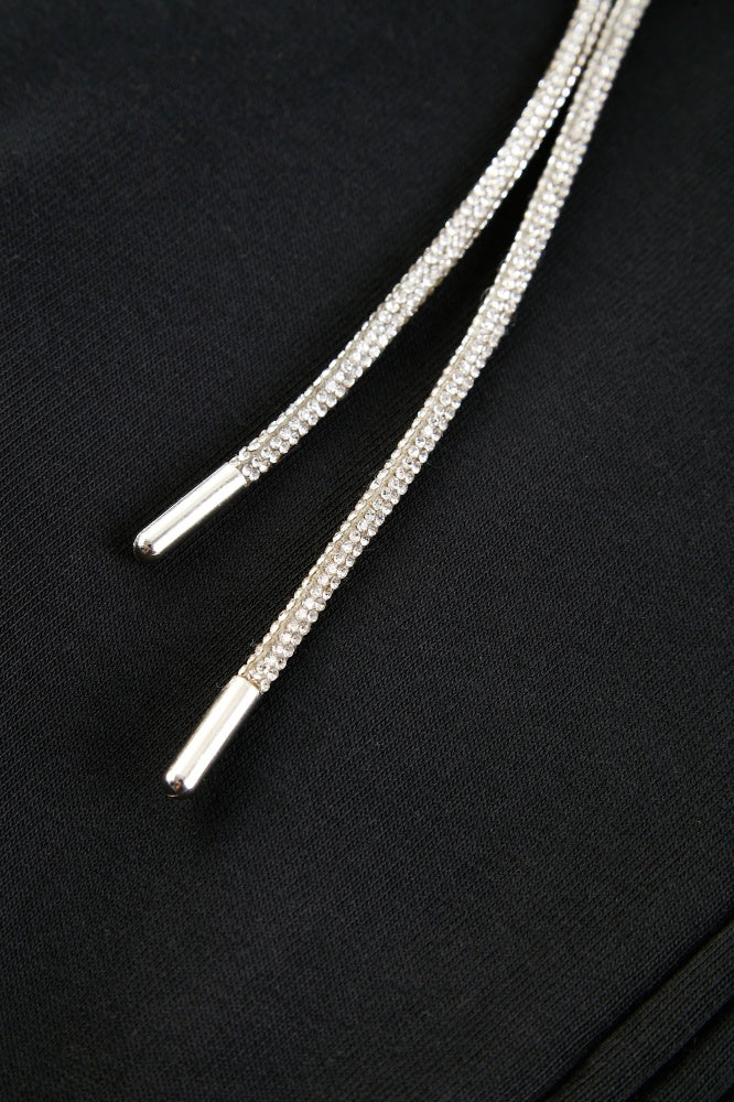 Cropped Hoodie with Rhinestone Drawstrings
