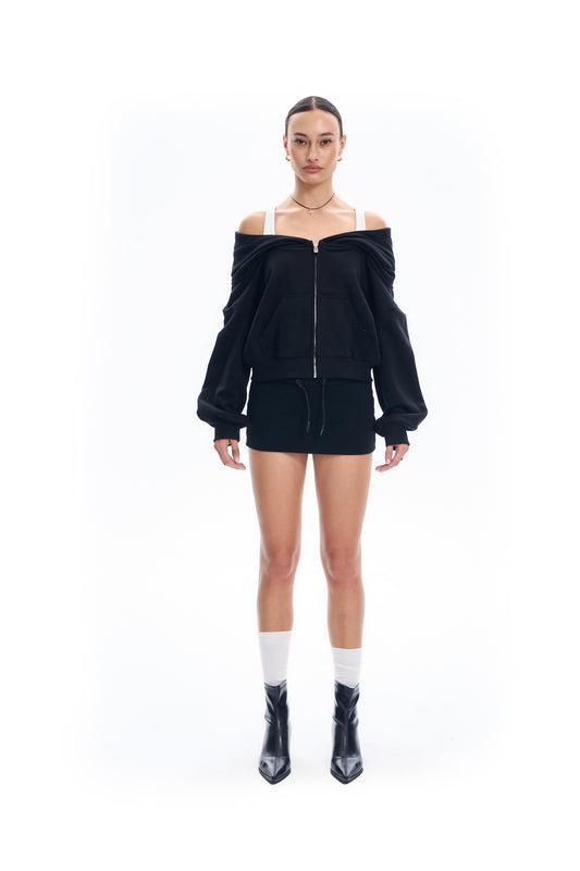 Off Shoulder Bi-layered Look Hoodie