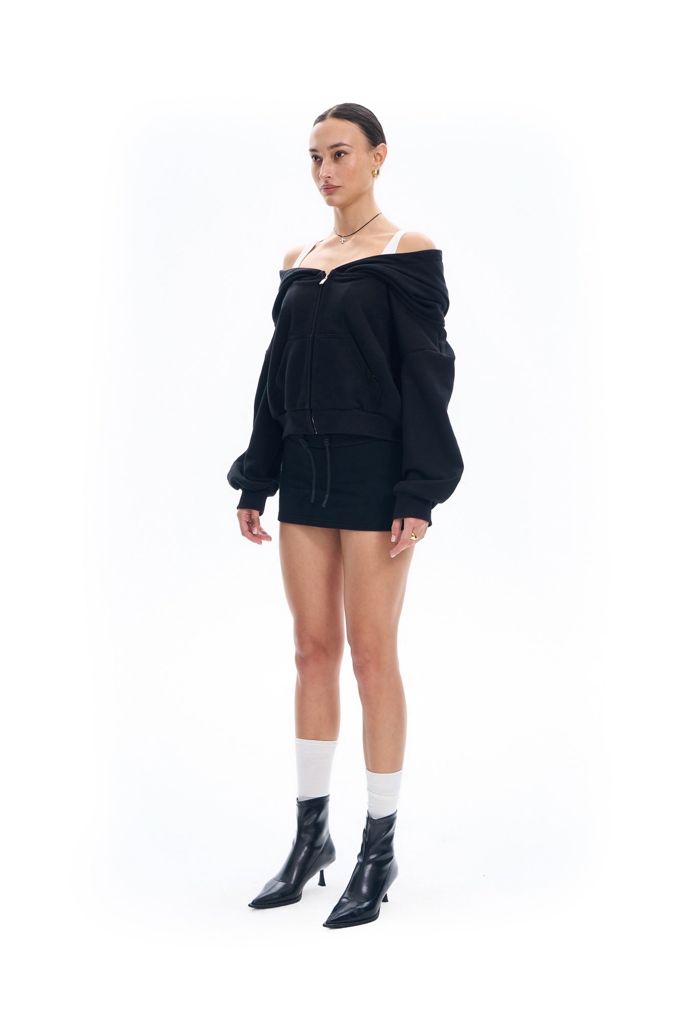 Off Shoulder Bi-layered Look Hoodie