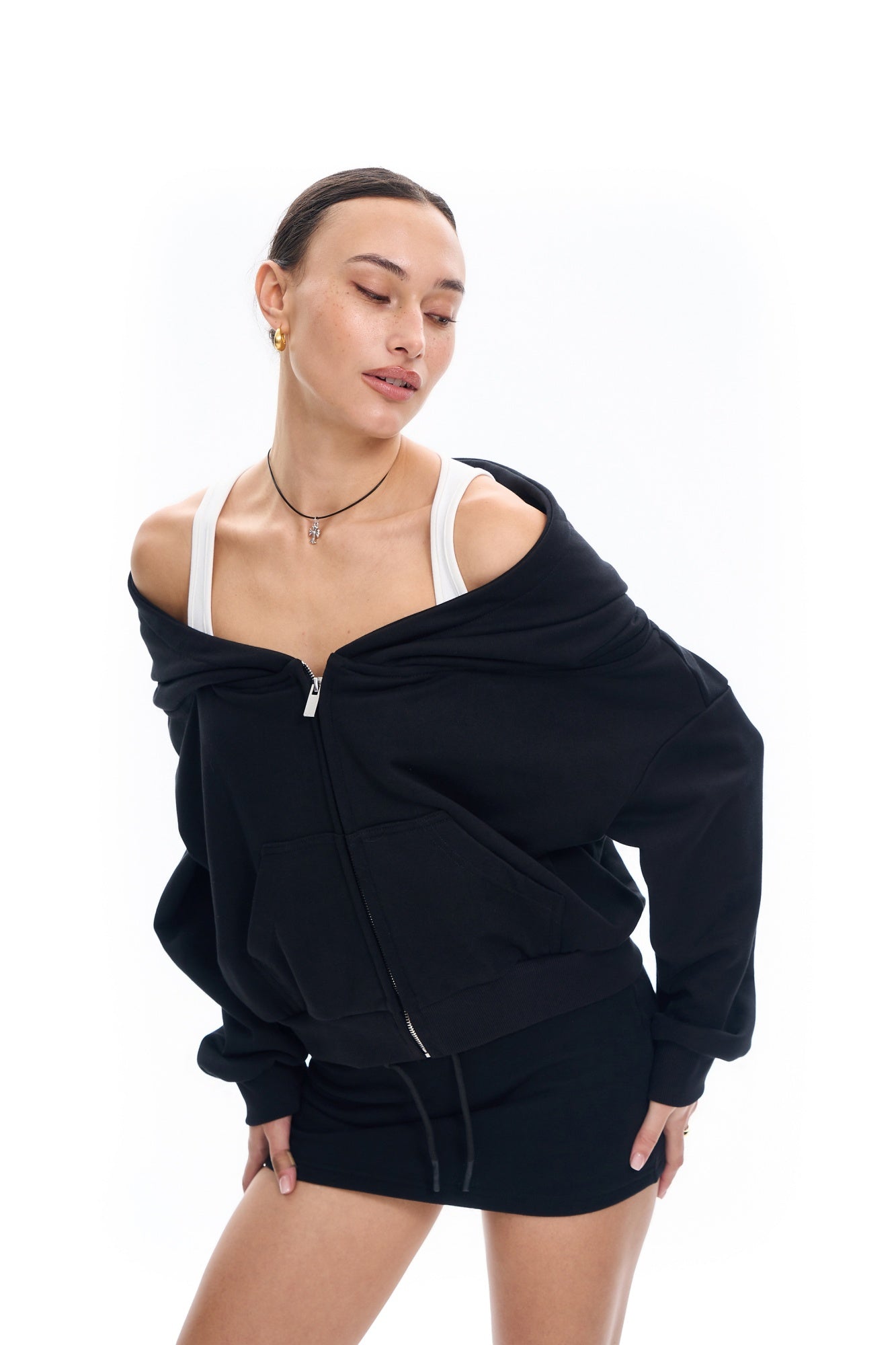 Off Shoulder Bi-layered Look Hoodie