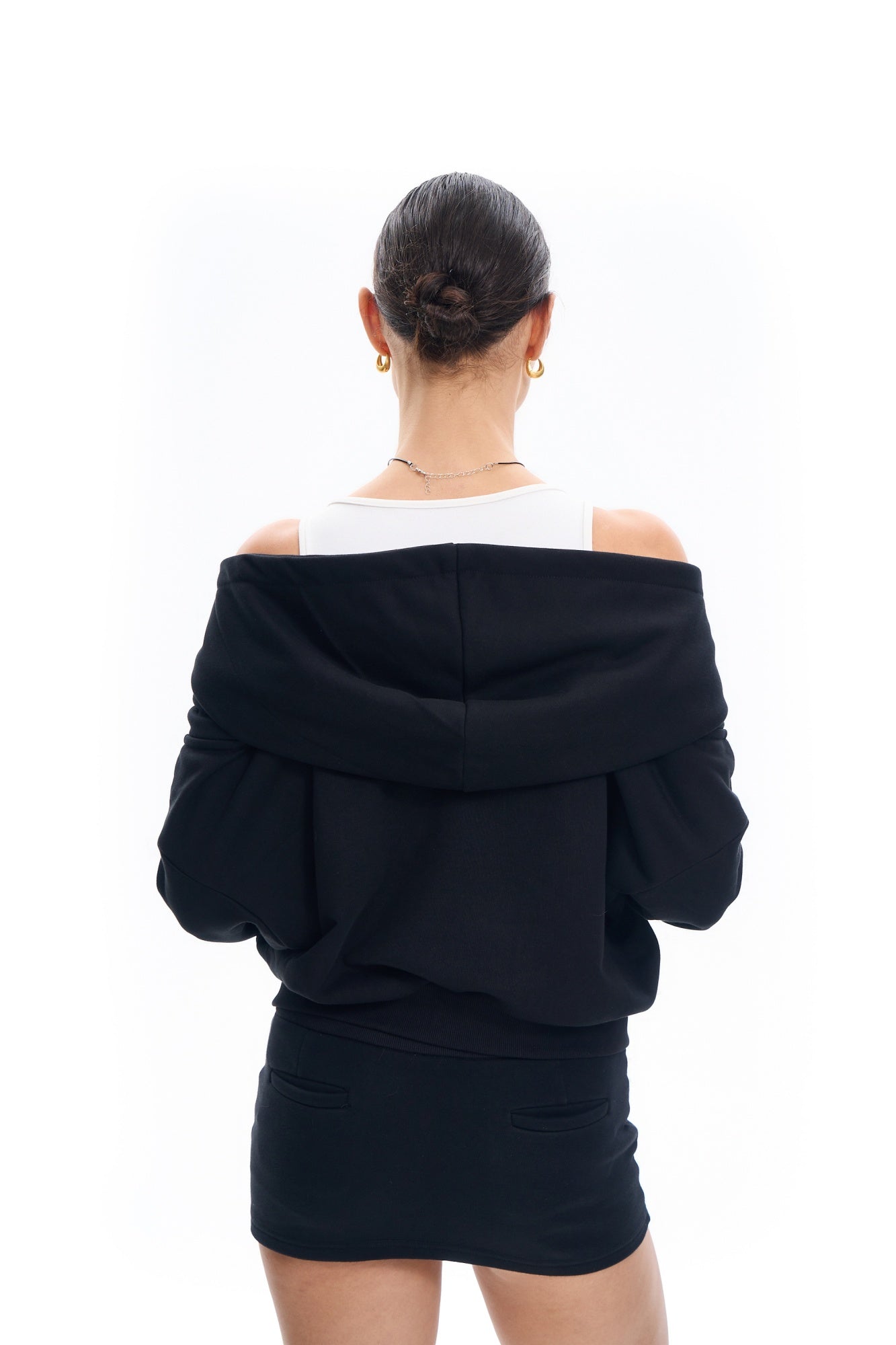 Off Shoulder Bi-layered Look Hoodie