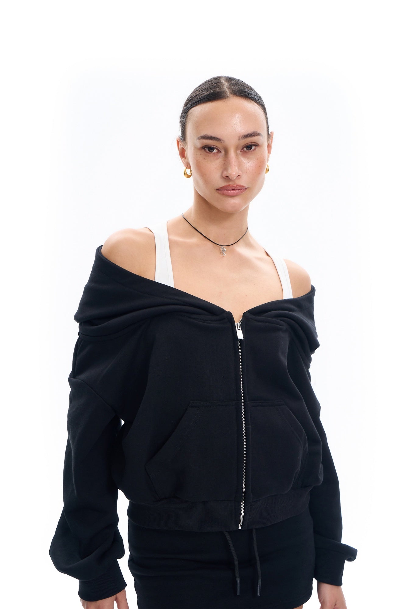 Off Shoulder Bi-layered Look Hoodie