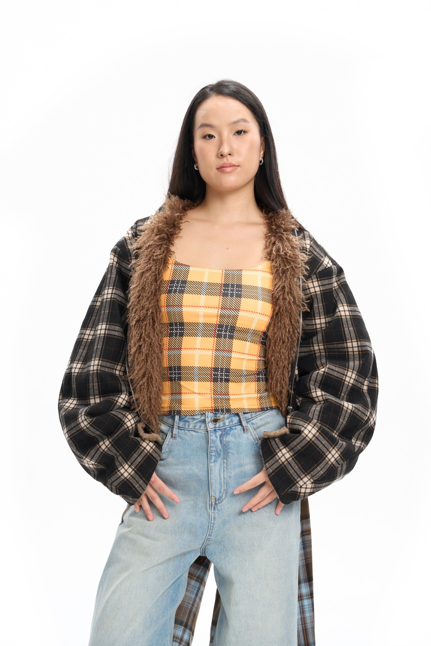 Plaid Bomber Jacket with Fur Lining