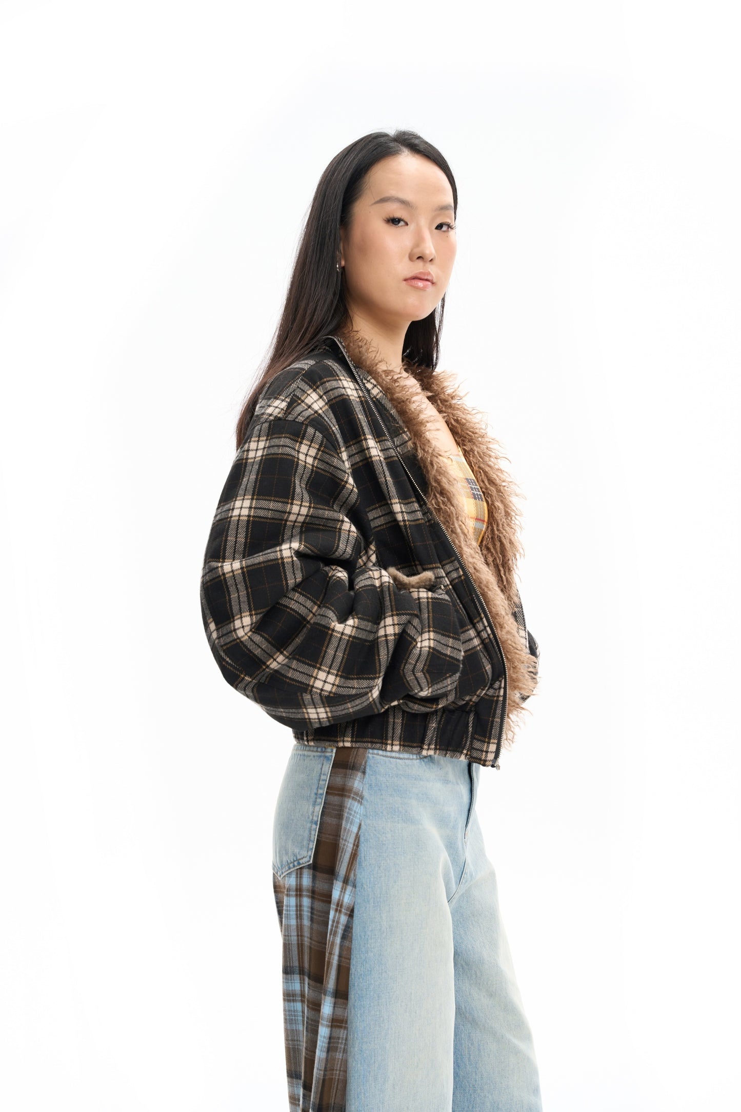 Plaid Bomber Jacket with Fur Lining