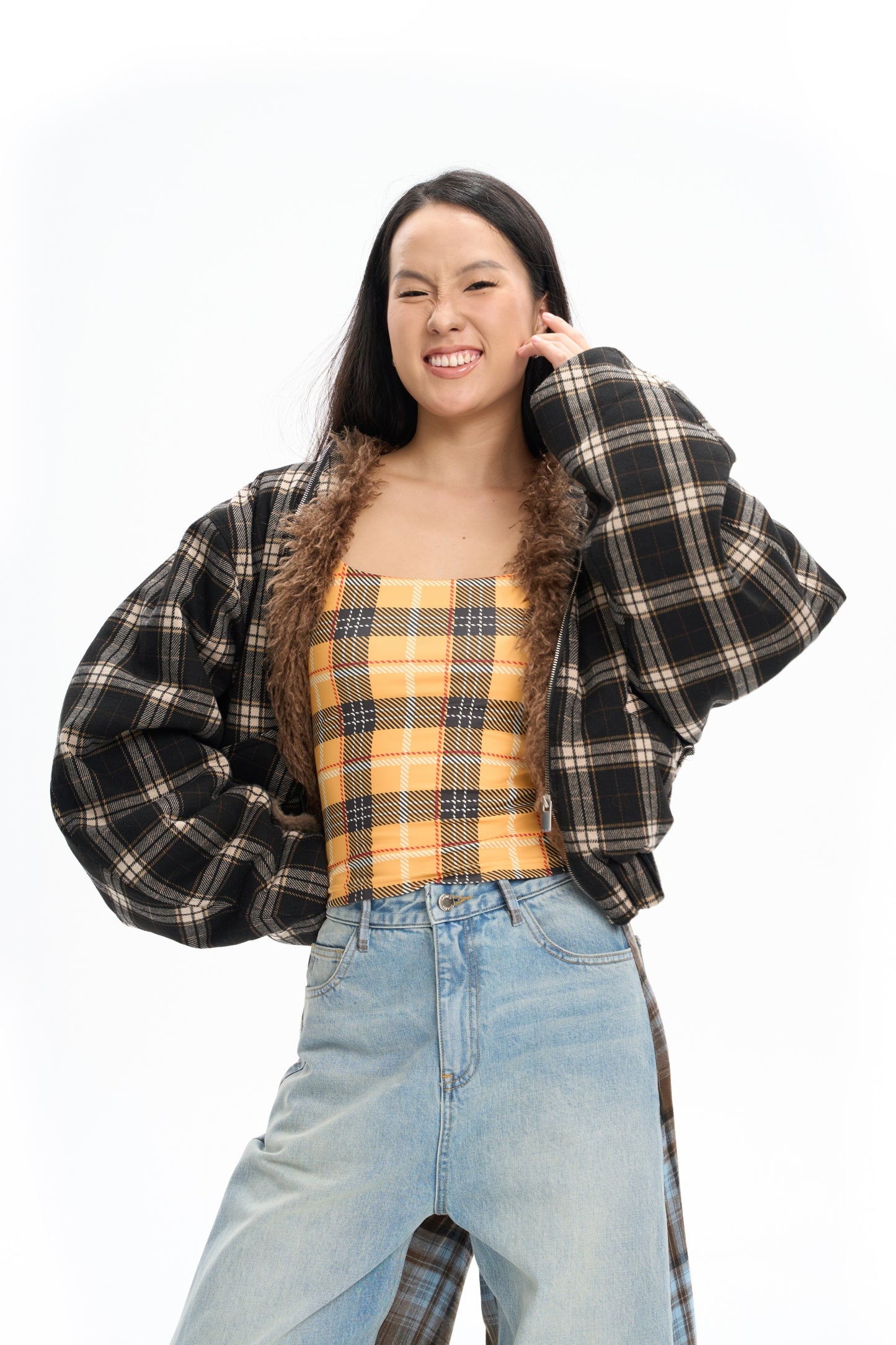 Plaid Bomber Jacket with Fur Lining