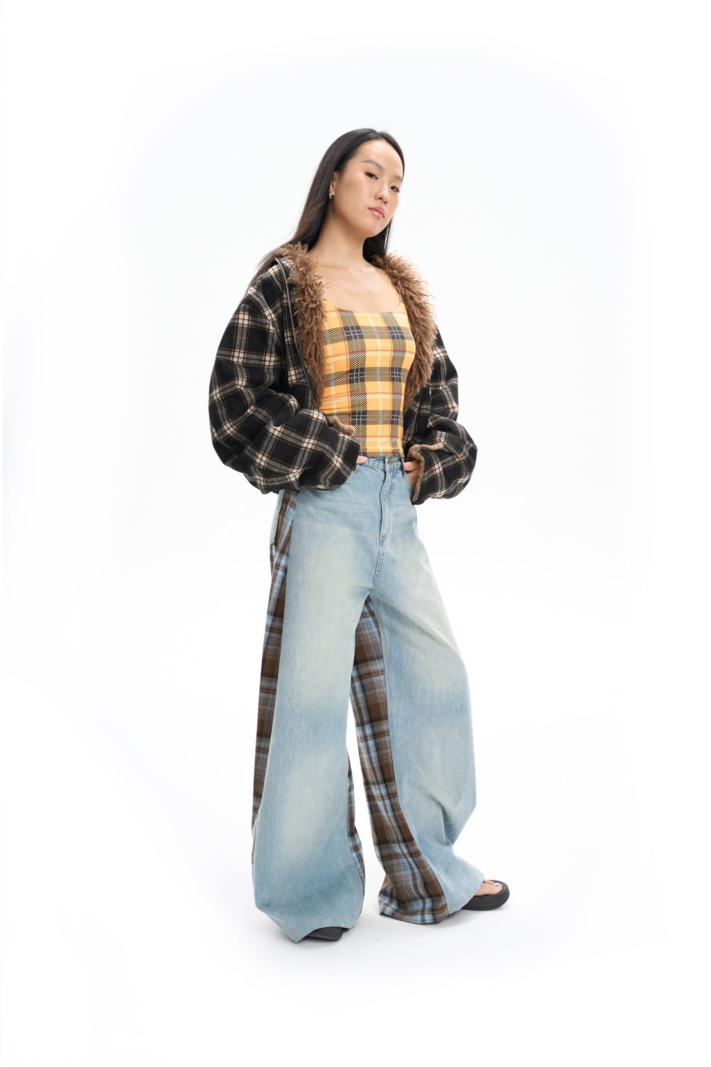 Plaid Bomber Jacket with Fur Lining