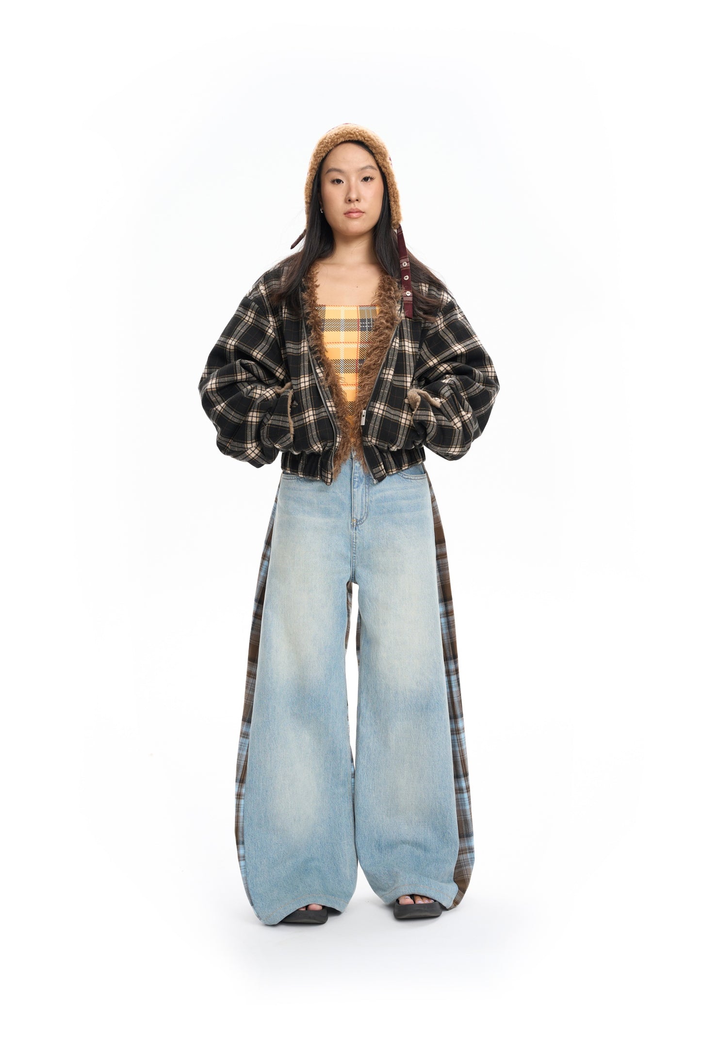 Plaid Bomber Jacket with Fur Lining