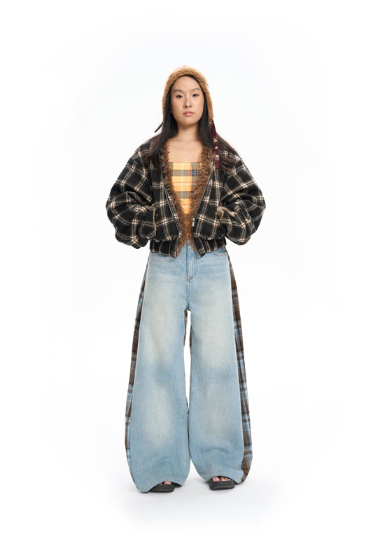 Plaid Bomber Jacket with Fur Lining