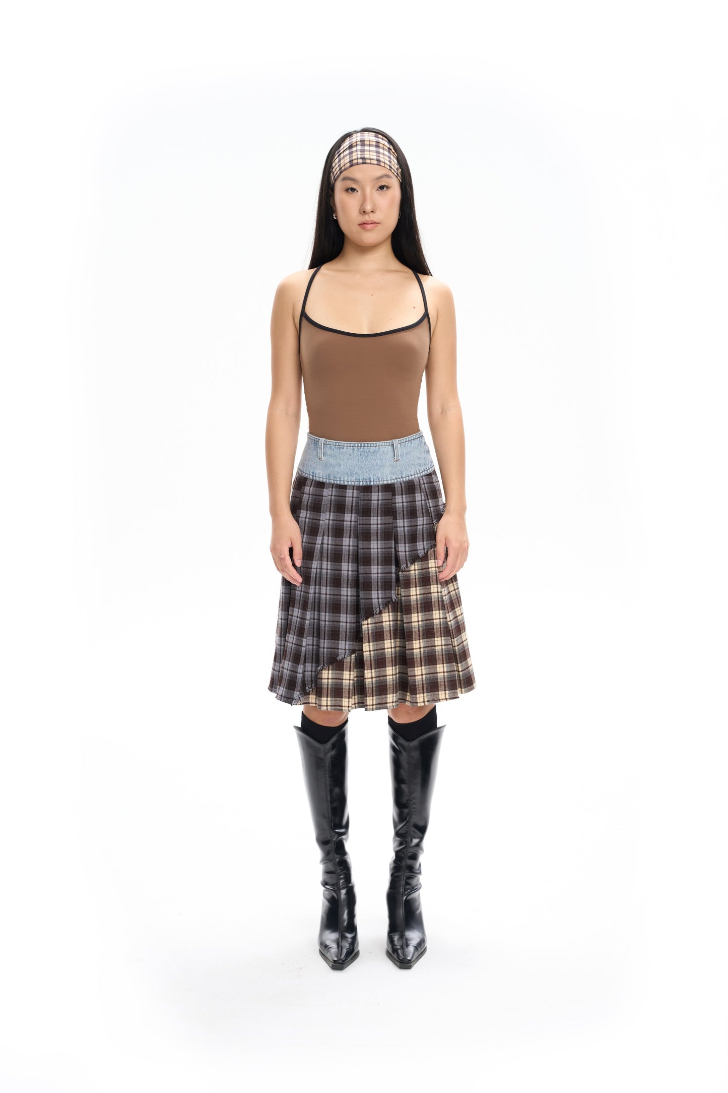Plaid Panel Denim Midi Skirt