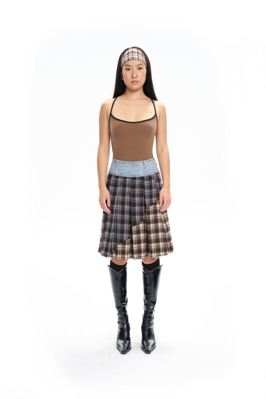 Plaid Panel Denim Midi Skirt