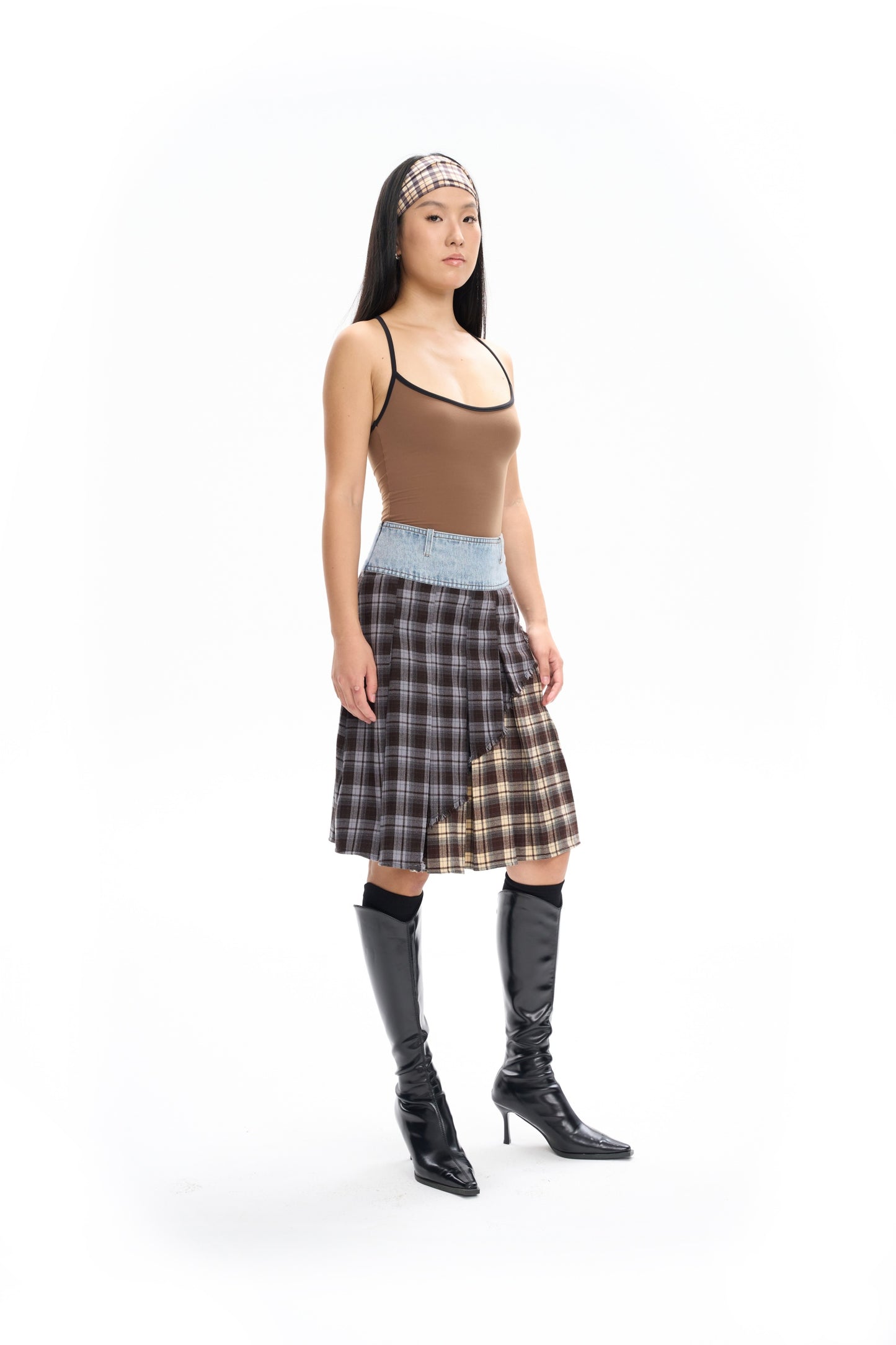 Plaid Panel Denim Midi Skirt