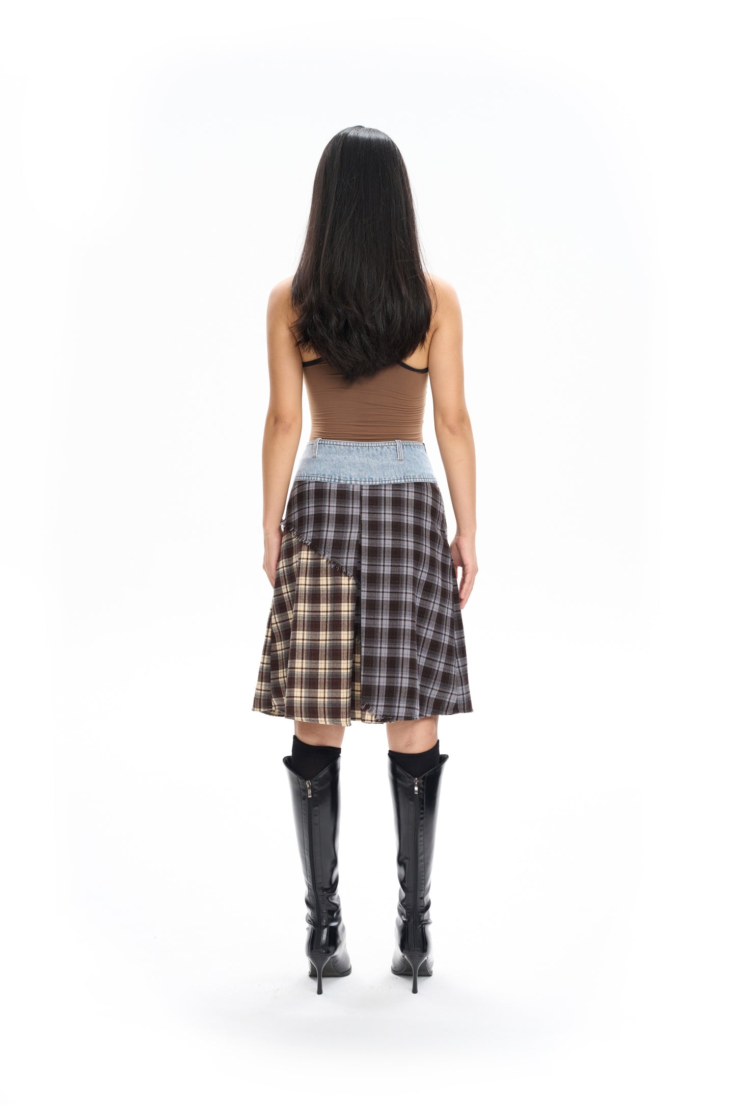 Plaid Panel Denim Midi Skirt