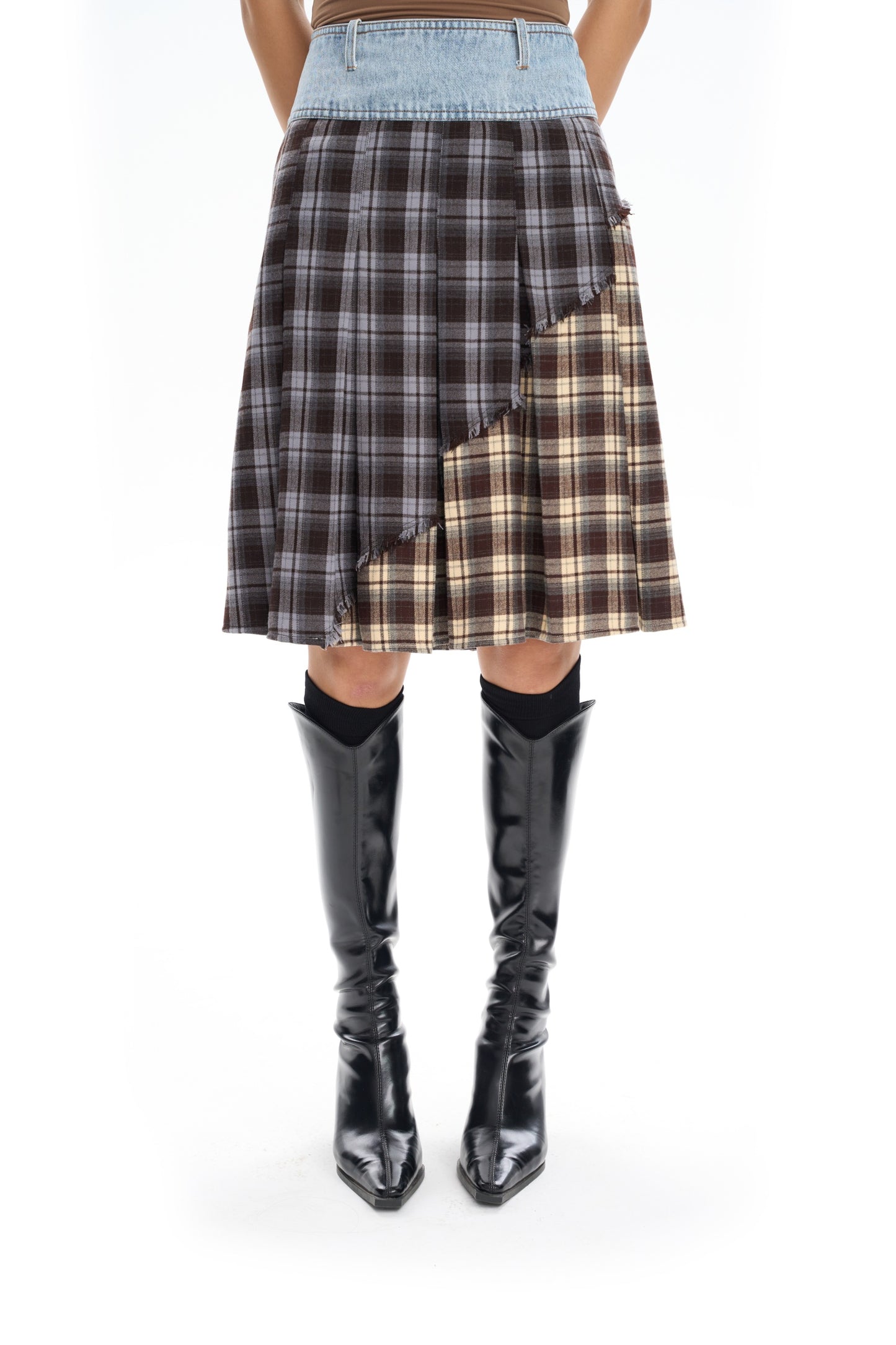 Plaid Panel Denim Midi Skirt