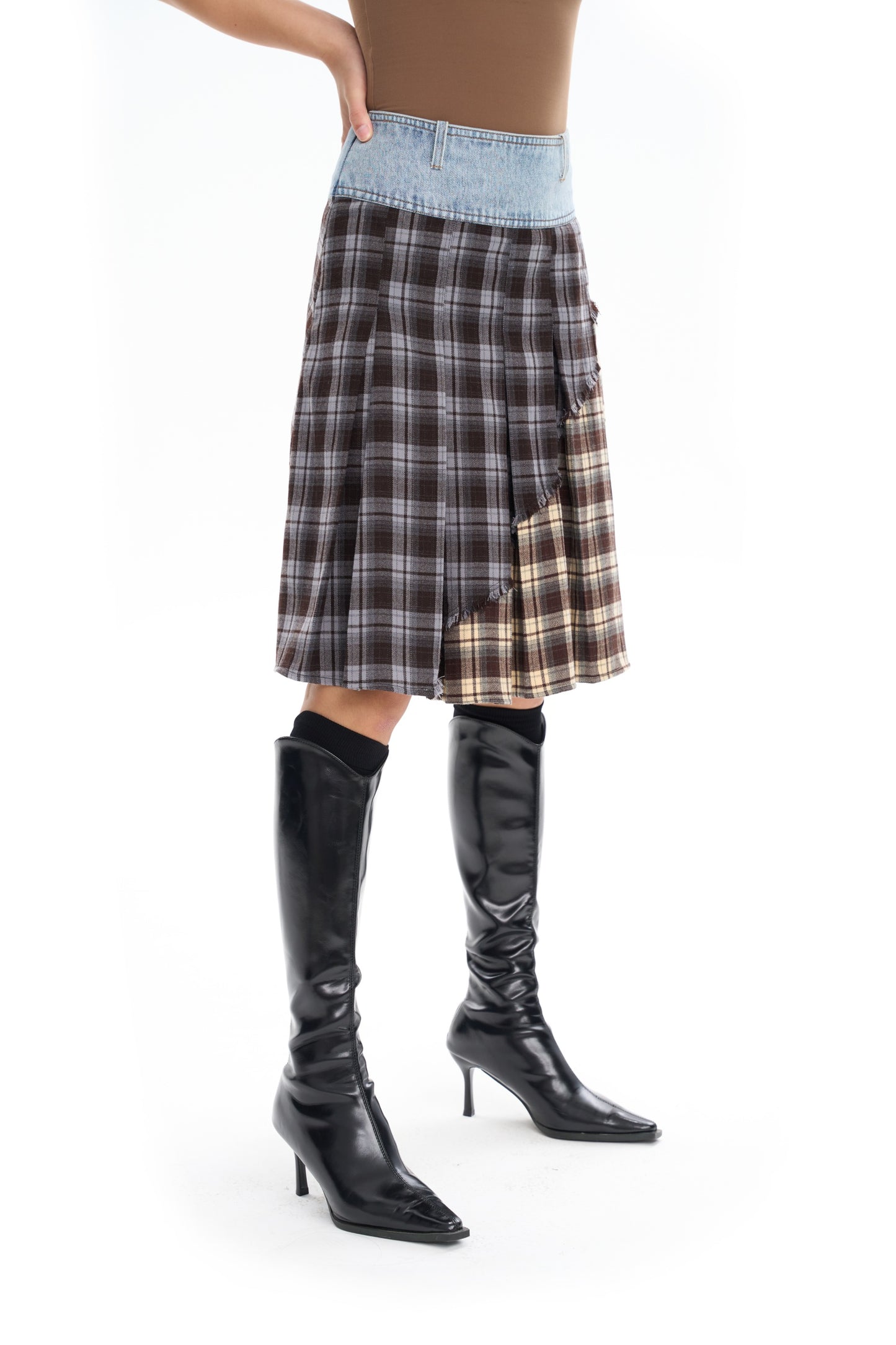 Plaid Panel Denim Midi Skirt