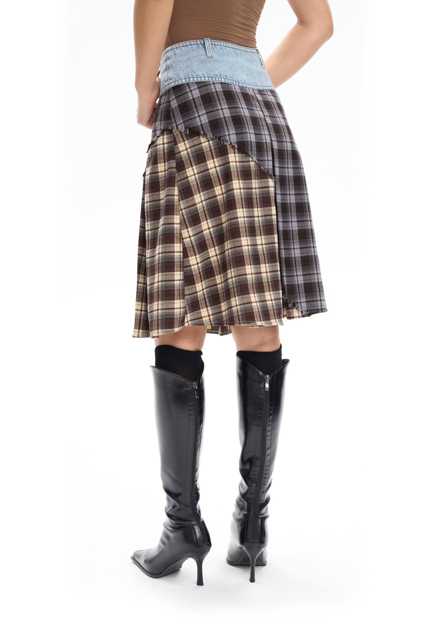 Plaid Panel Denim Midi Skirt