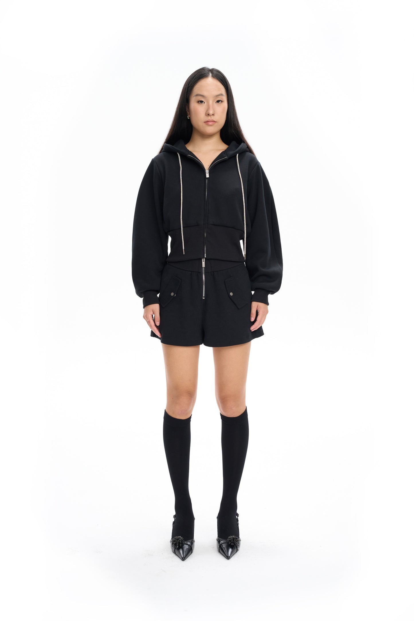 Cropped Hoodie with Rhinestone Drawstrings