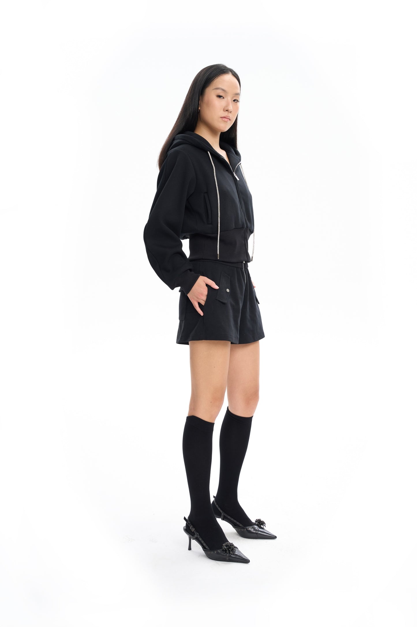 Cropped Hoodie with Rhinestone Drawstrings