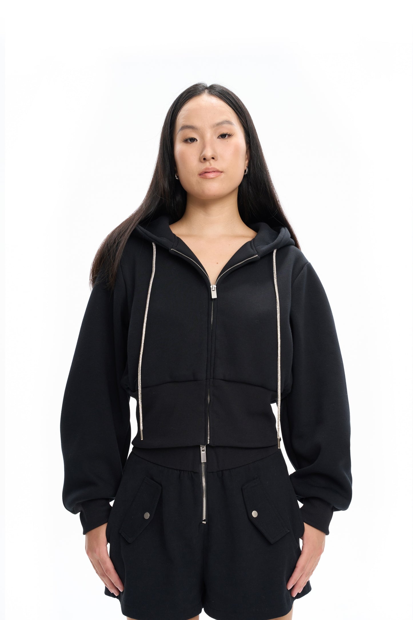 Cropped Hoodie with Rhinestone Drawstrings