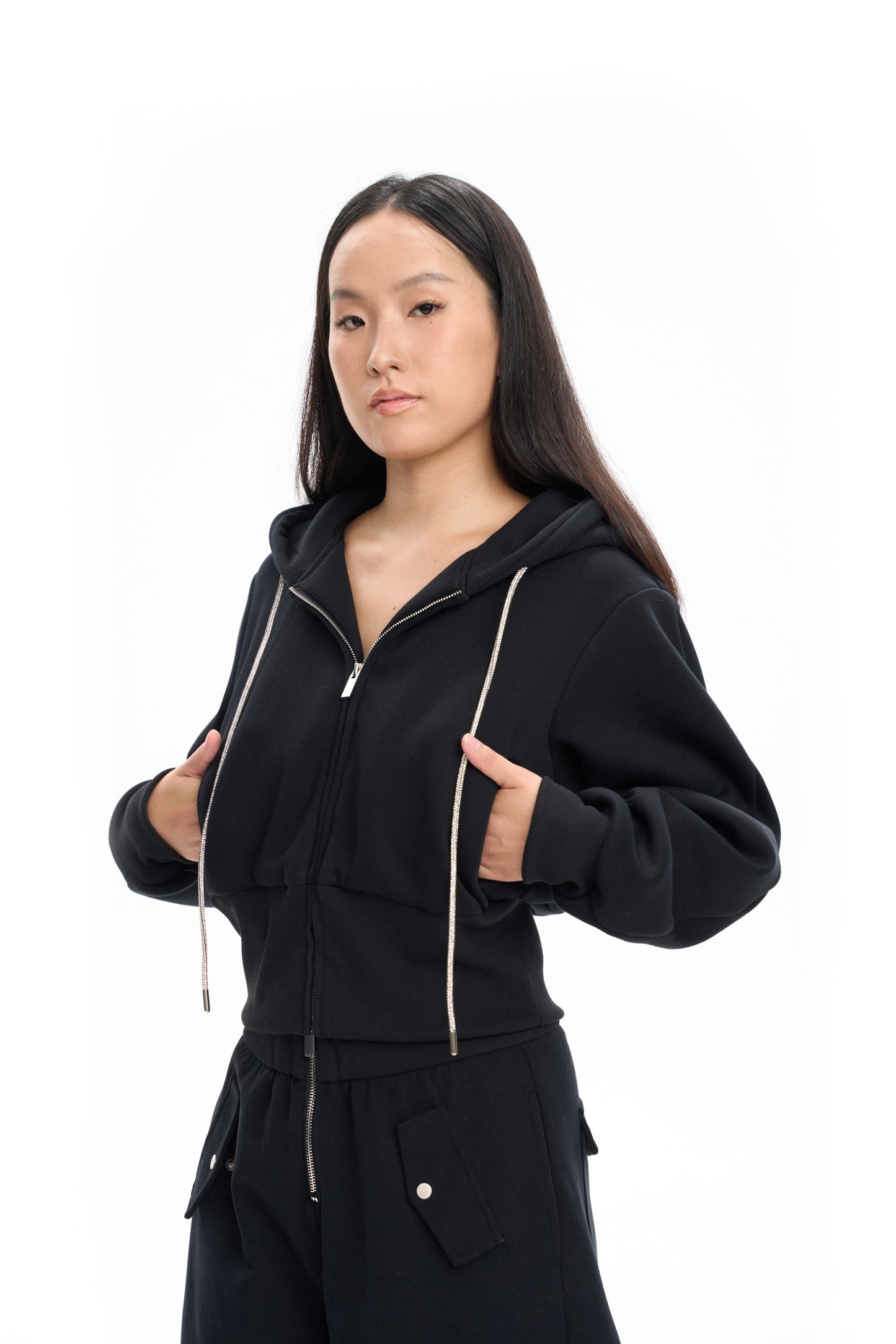 Cropped Hoodie with Rhinestone Drawstrings
