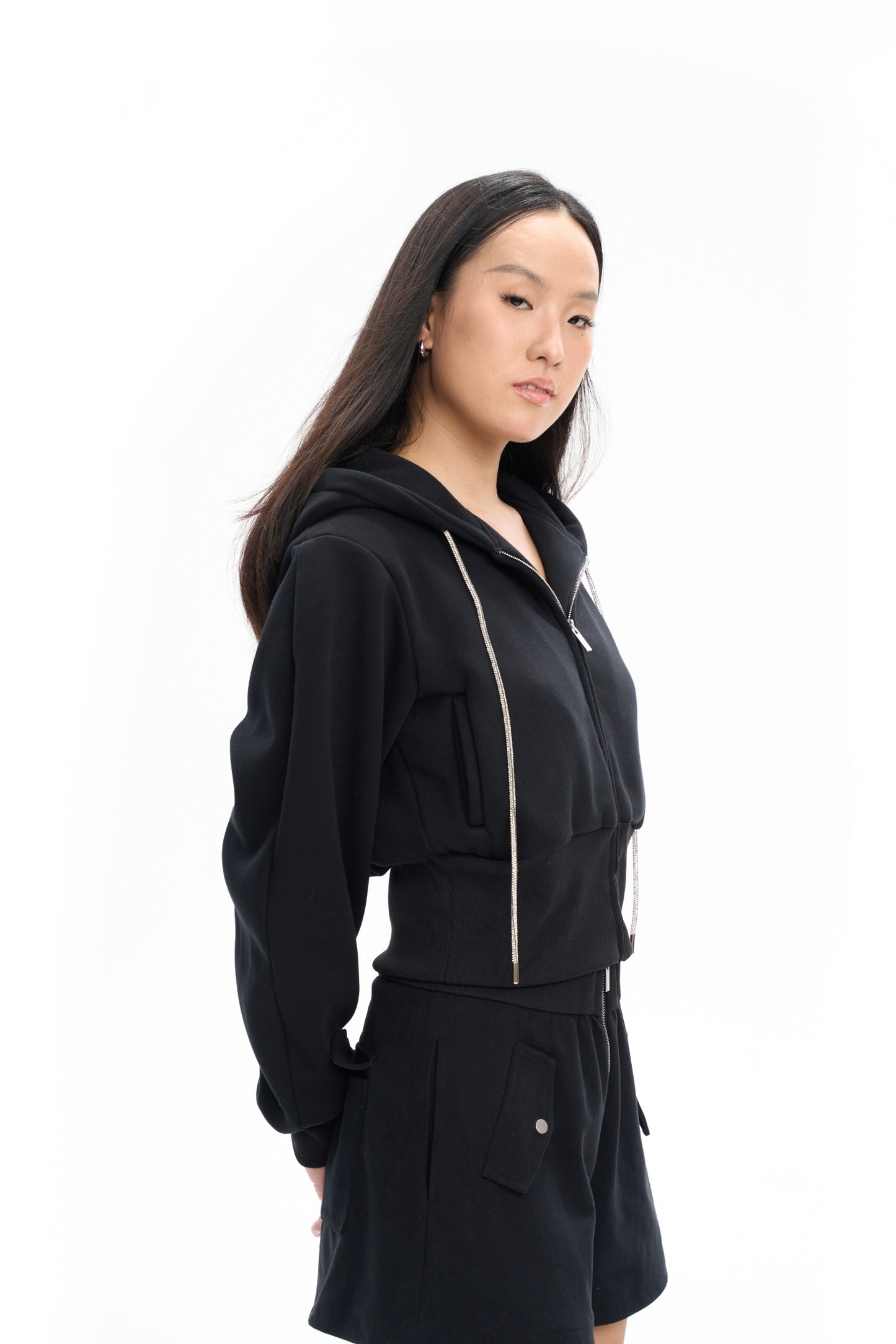 Cropped Hoodie with Rhinestone Drawstrings