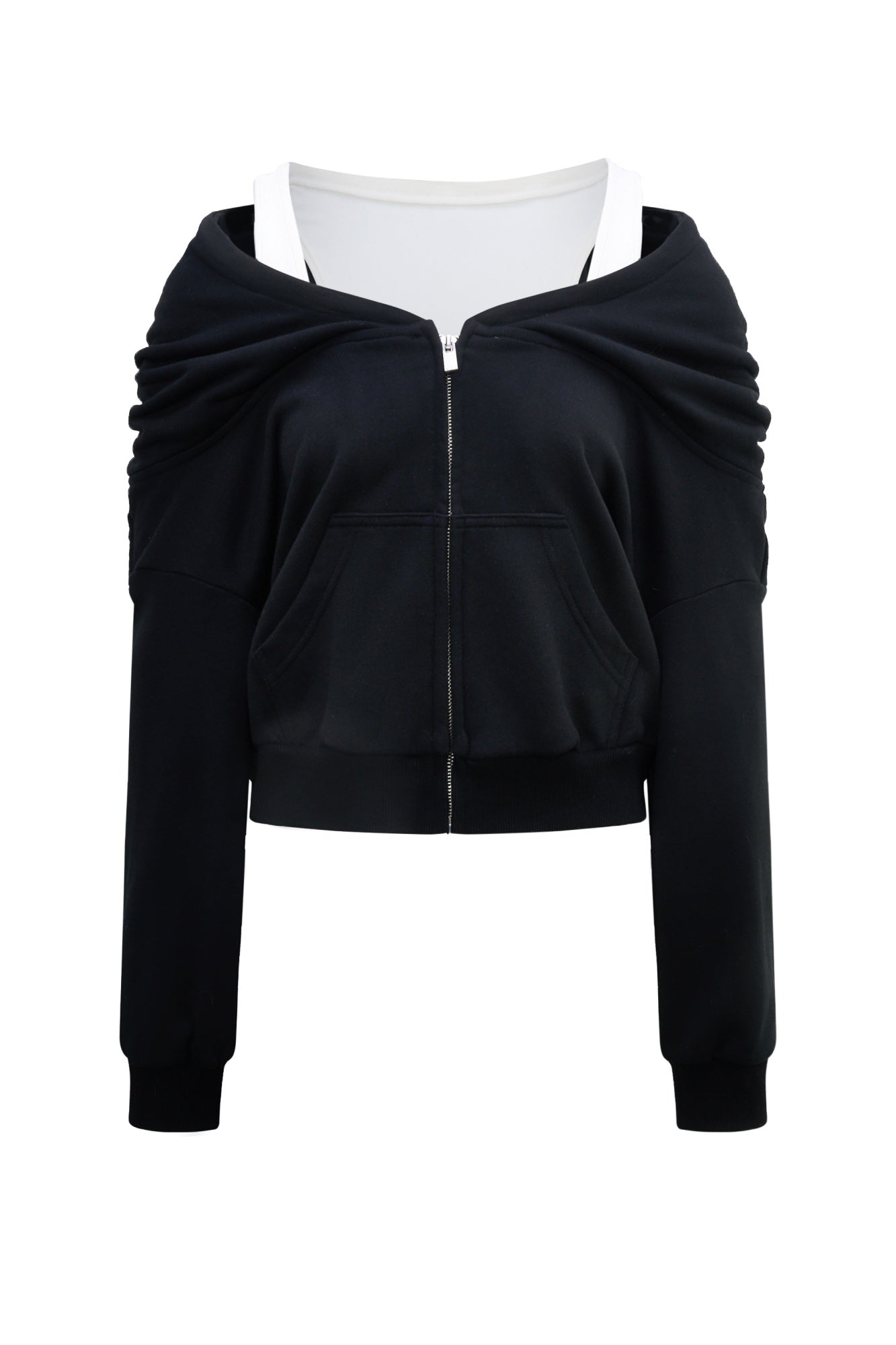 Off Shoulder Bi-layered Look Hoodie